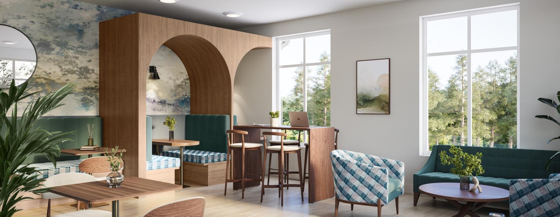 a room with tables and chairs