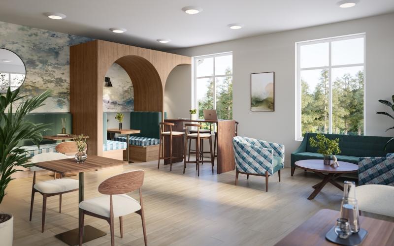 a room with tables and chairs